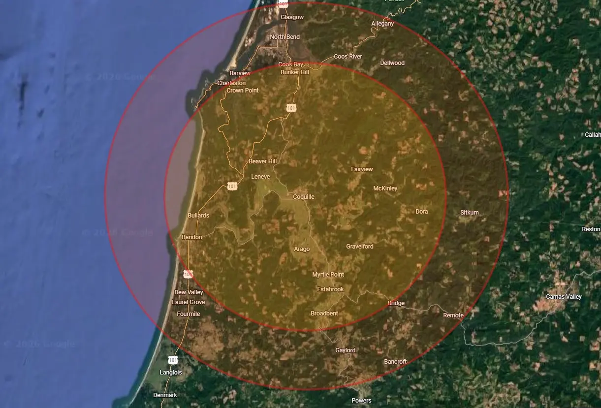 Twenty and fifteen mile radii map